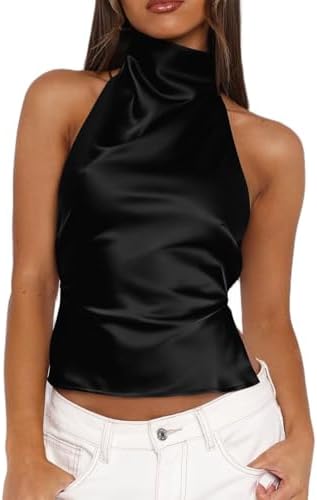MakeMeChic Women's Summer Satin Silk Backless Halter Tank Tops